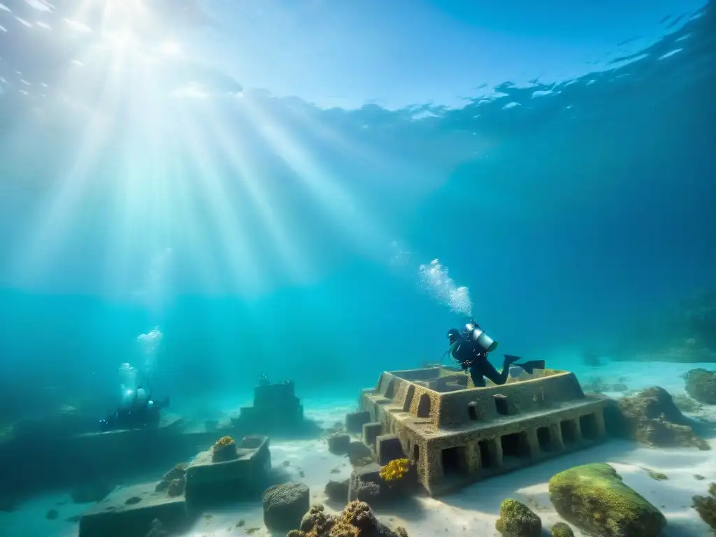 Un equipo de arqueólogos submarinos documenta y recupera artefactos de un naufragio maya, con ruinas antiguas alrededor, iluminados por la luz del sol