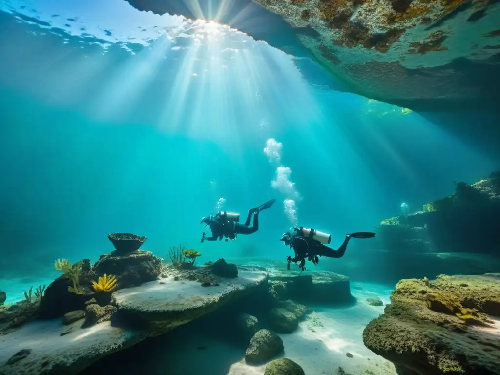 Equipo de arqueólogos submarinos descubriendo artefactos mayas en un cenote, bajo la luz del sol