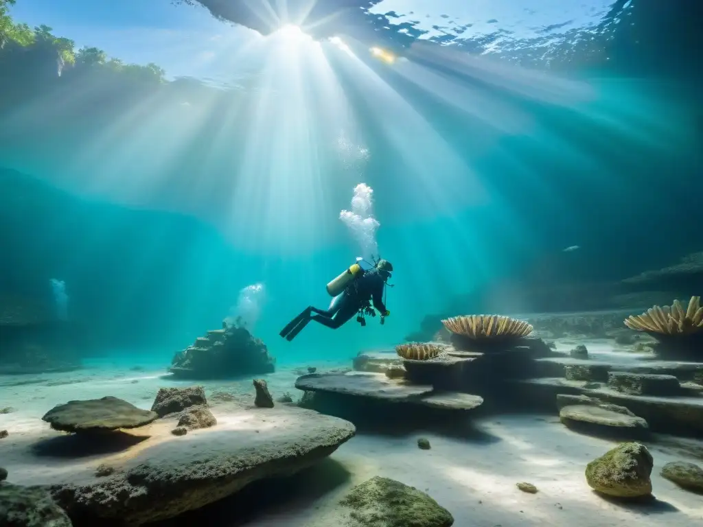 Equipo de arqueólogos submarinos excavando artefactos mayas en cenote cristalino