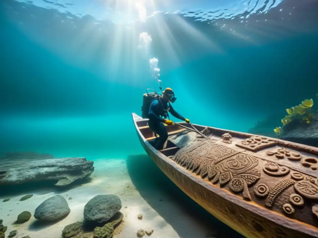 Equipo de arqueólogos submarinos descubriendo una canoa maya en cenote, destacando habilidad naval civilización maya