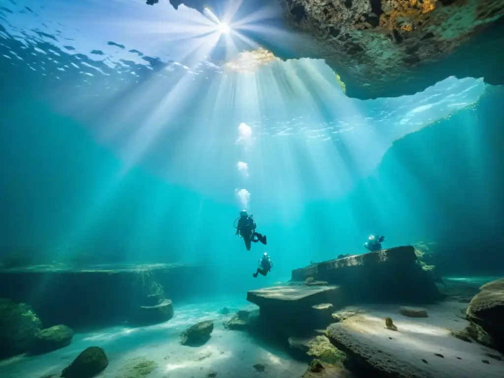 Equipo de arqueólogos submarinos explorando un cenote, conectando la mística 'Conexión astronómica entre cenotes'