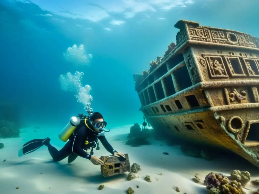 Equipo de arqueólogos submarinos documentando naufragio maya, preservando historias y reliquias en el fondo marino