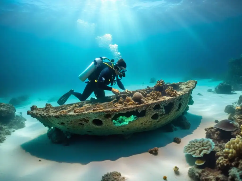 Excavación arqueológica submarina: descubriendo tesoro maya Equipo de arqueólogos submarinos preservando patrimonio submarino maya en aguas cristalinas