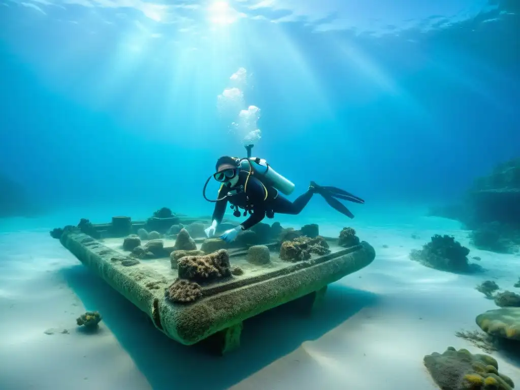 Equipo de arqueólogos submarinos excavando una reliquia maya, rodeados de aguas azules