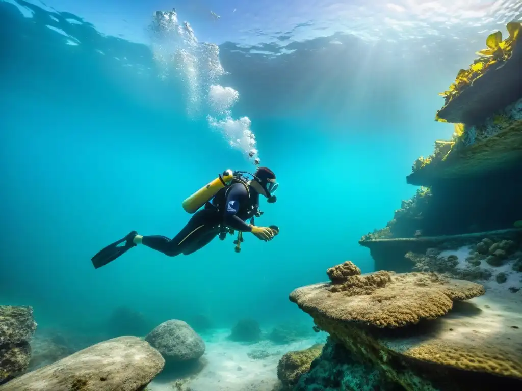 Equipo de arqueólogos submarinos excavando reliquia maya en cenote, mostrando conservación de reliquias mayas subacuáticas