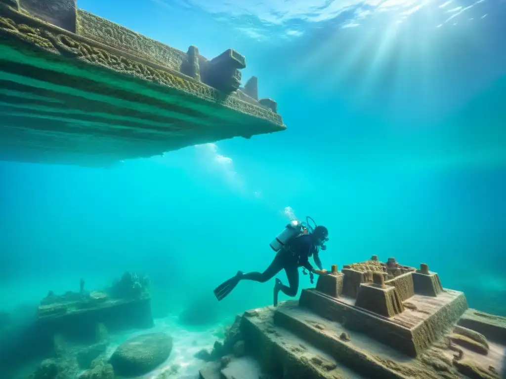 Equipo de arqueólogos submarinos excavando ruinas mayas bajo el agua turquesa