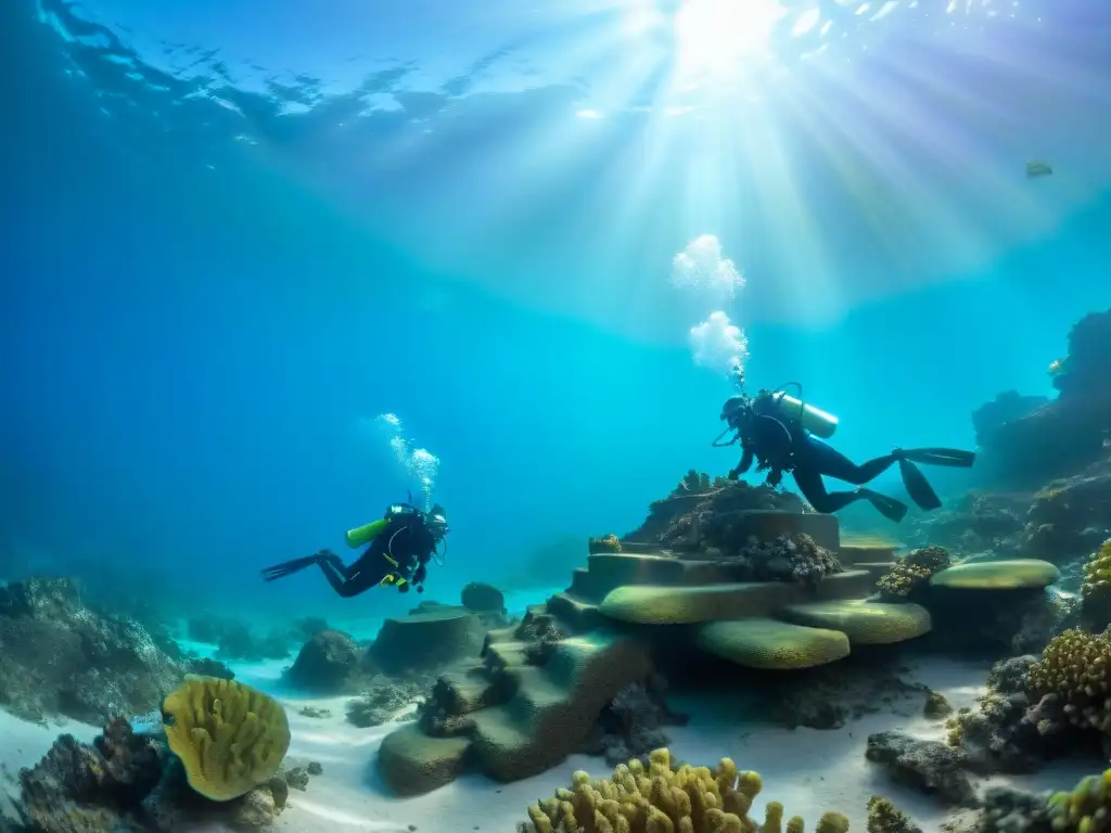 Equipo de arqueólogos submarinos explorando ruinas mayas entre arrecifes y peces tropicales