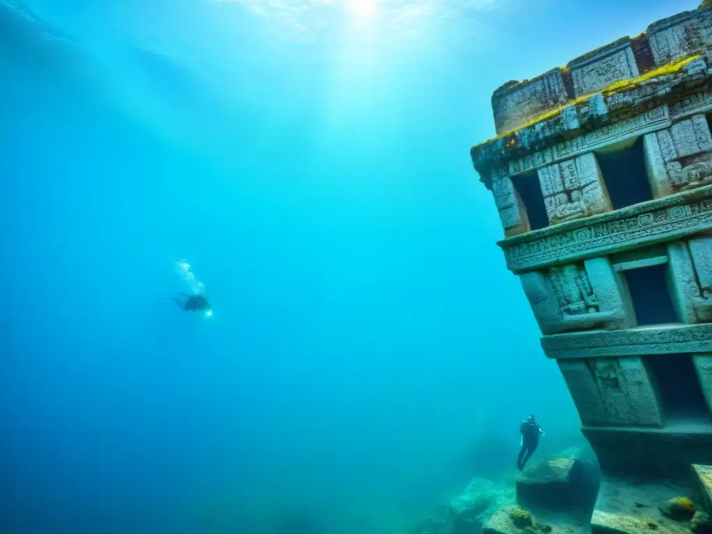 Un equipo de arqueólogos submarinos documentando ruinas mayas bajo el agua, fusionando tecnología y historia antigua