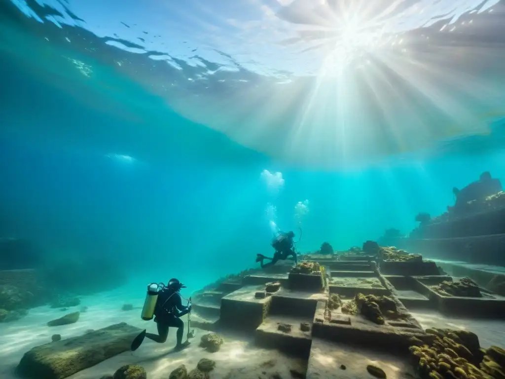 Un equipo de arqueólogos submarinos explorando un sitio arqueológico maya, rodeados de ruinas y vida marina