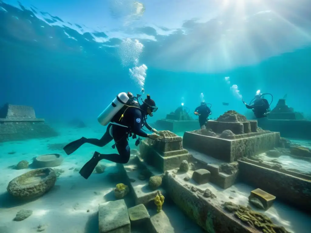 Equipo de arqueólogos submarinos excavando sitio maya bajo el agua cristalina