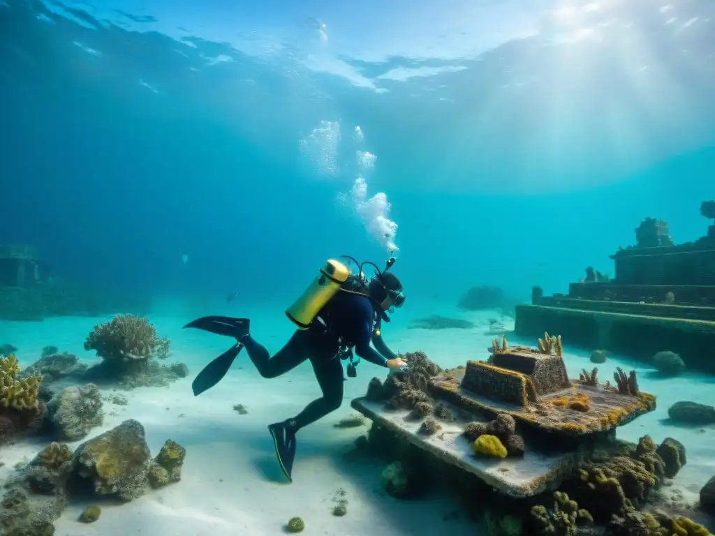 Un equipo de arqueólogos submarinos explorando un sitio arqueológico maya sumergido, rodeado de vida marina, en una fusión de historia y naturaleza