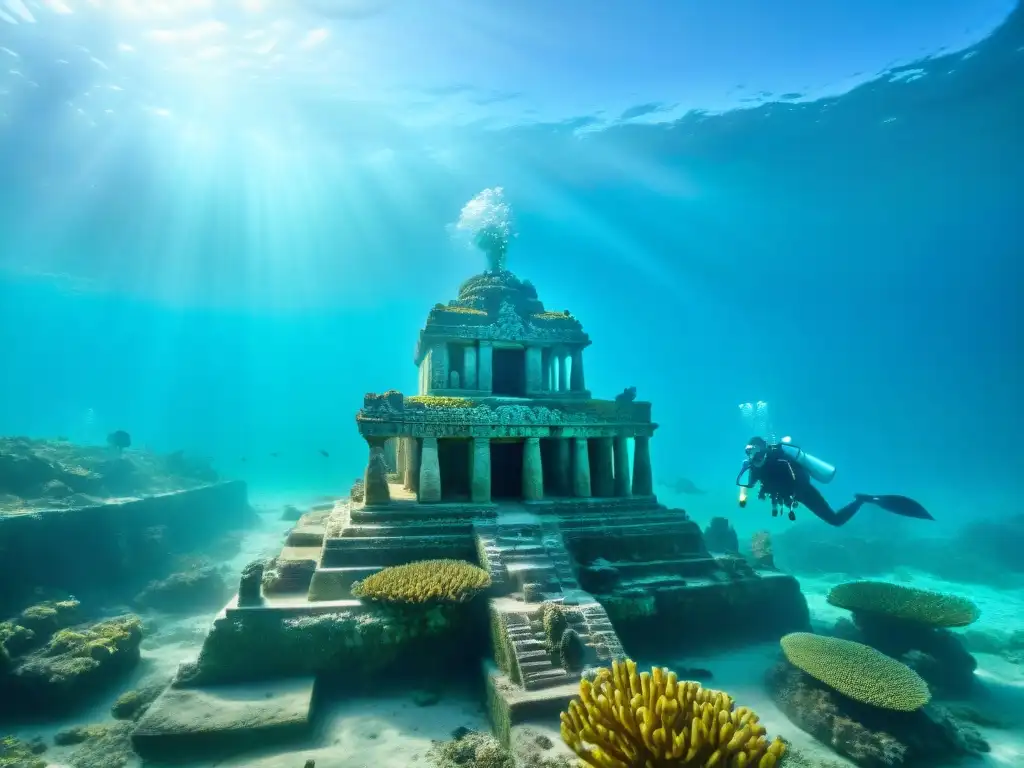 Equipo de arqueólogos submarinos excavando un templo Maya rodeado de arrecifes de coral, en una escena fascinante de historia y belleza marina