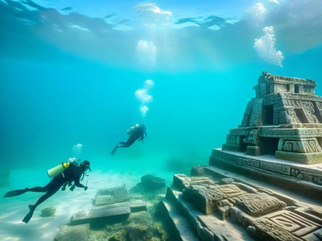 Equipo de arqueólogos submarinos descubriendo un templo maya en aguas turquesas