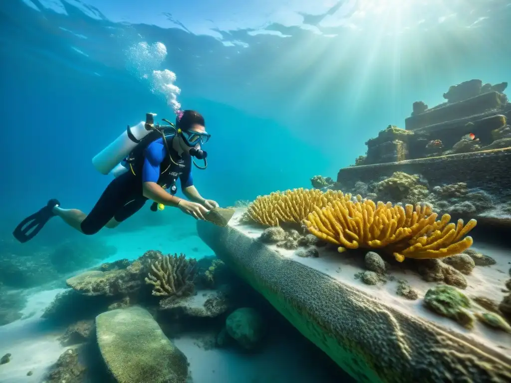 Equipo de arqueólogos submarinos descubriendo tesoro sumergido civilización maya