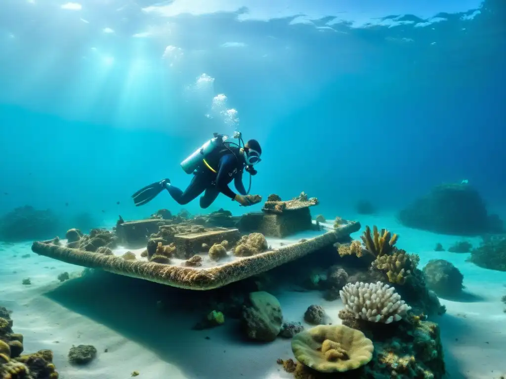 Excavación Maya submarina: conservación y descubrimiento Equipo de arqueólogos submarinos preservando tesoro maya rodeados de vida marina