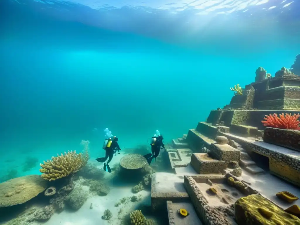 Equipo de arqueólogos submarinos descubriendo tesoros sumergidos de la civilización Maya en ruinas cubiertas de coral