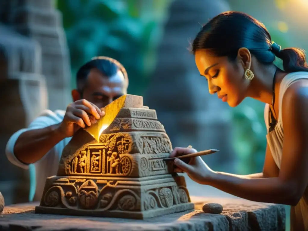 Equipo de arqueólogos restaurando una talla de piedra en ruinas mayas al atardecer