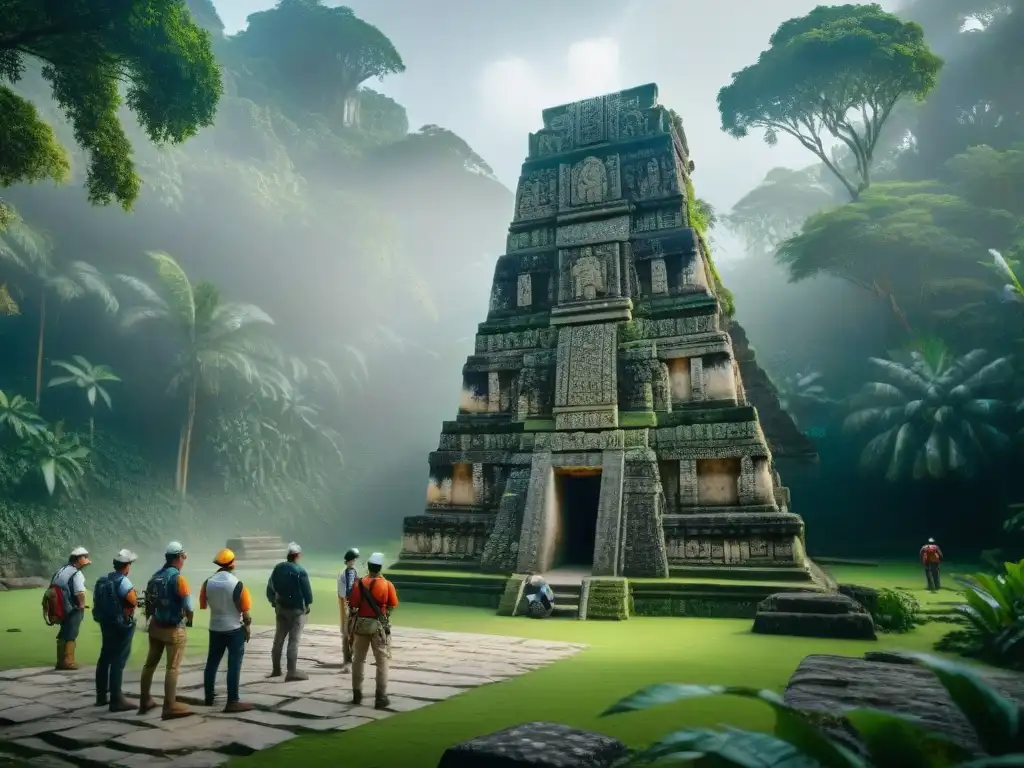 Equipo de arqueólogos escaneando y mapeando tallados en estela maya, rodeados de equipo 3D