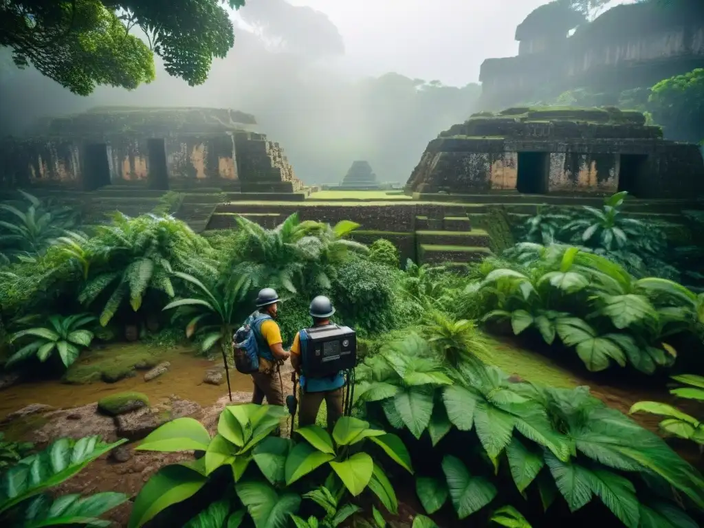 Equipo de arqueólogos usando tecnología avanzada para descubrir ruinas mayas en la selva