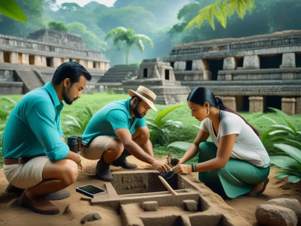 Equipo de arqueólogos usando tecnología y Big Data en excavación de sitio maya