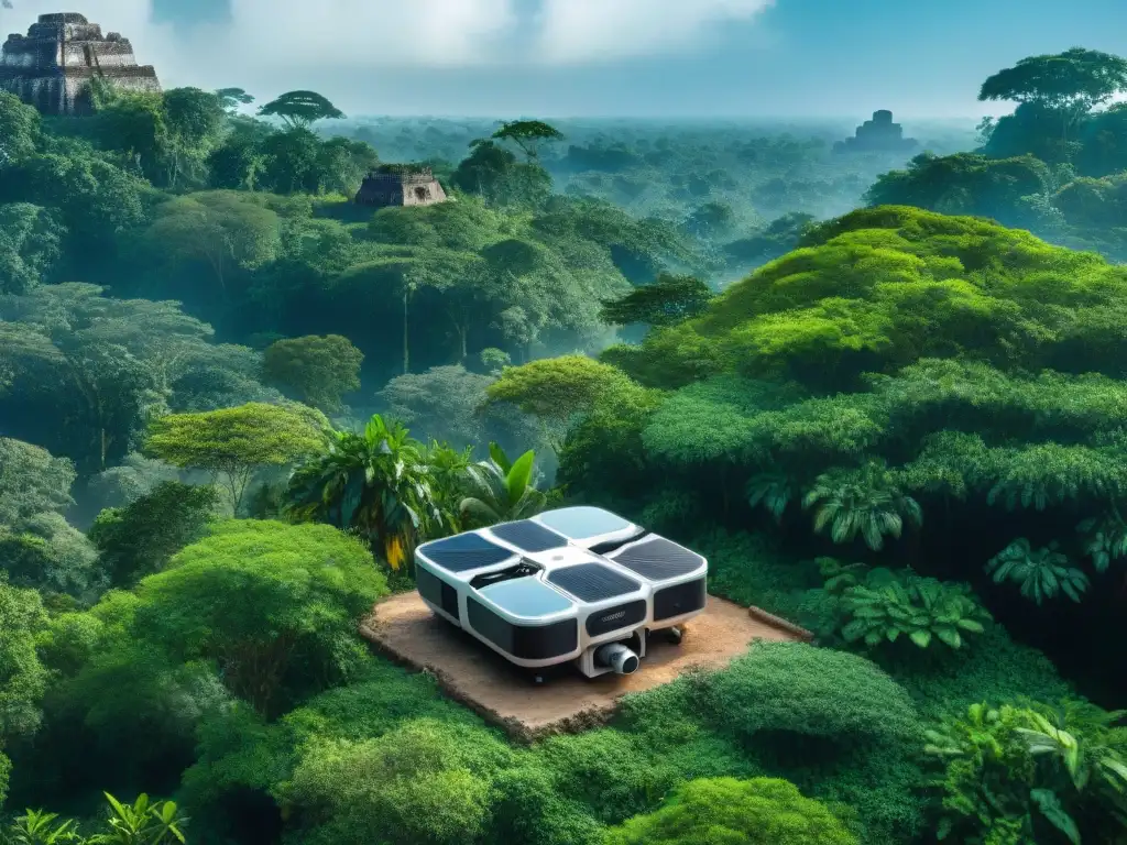 Equipo de arqueólogos con tecnología moderna investigando en sitio maya, fusión de pasado y futuro