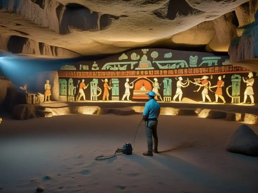 Equipo de arqueólogos usando tecnología 3D para restauración murales mayas en cueva misteriosa