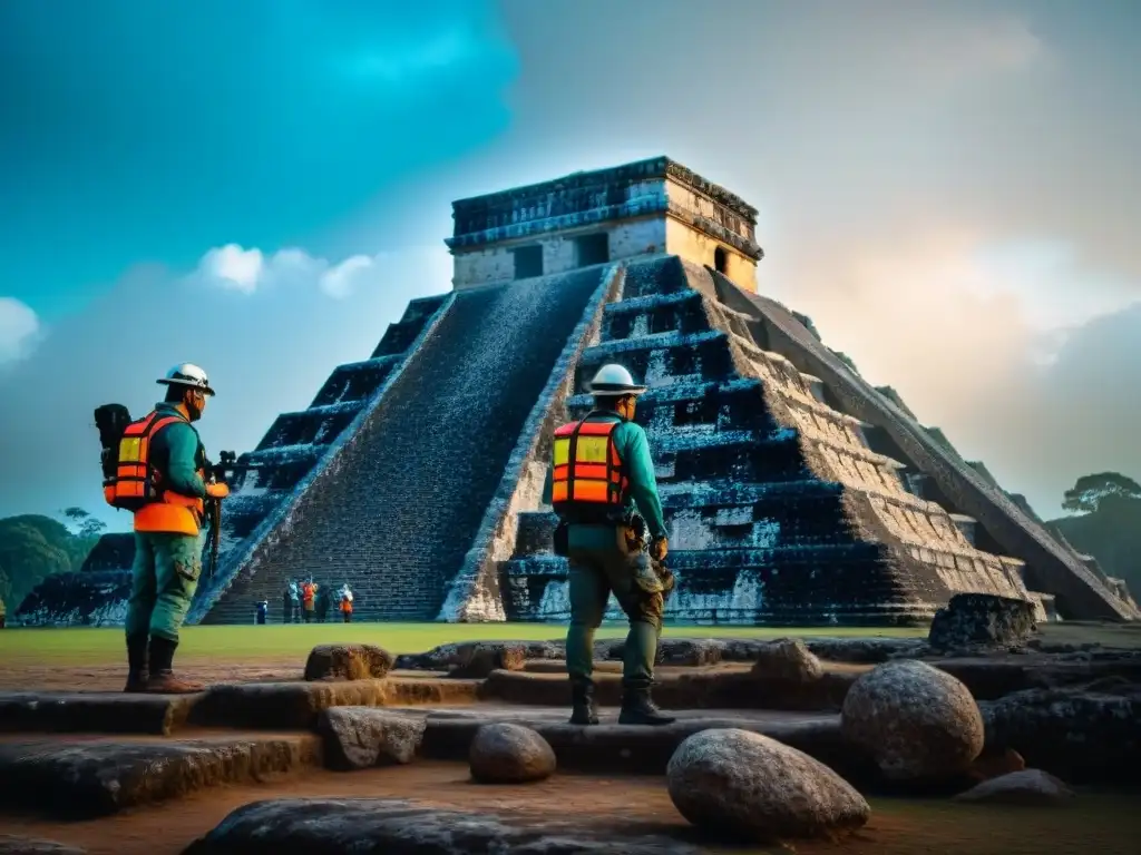 Arqueólogos descubren secretos mayas con tecnología térmica avanzada Equipo de arqueólogos usando tecnología térmica para detectar anomalías térmicas en pirámide maya, conservación pirámides mayas anomalías térmicas