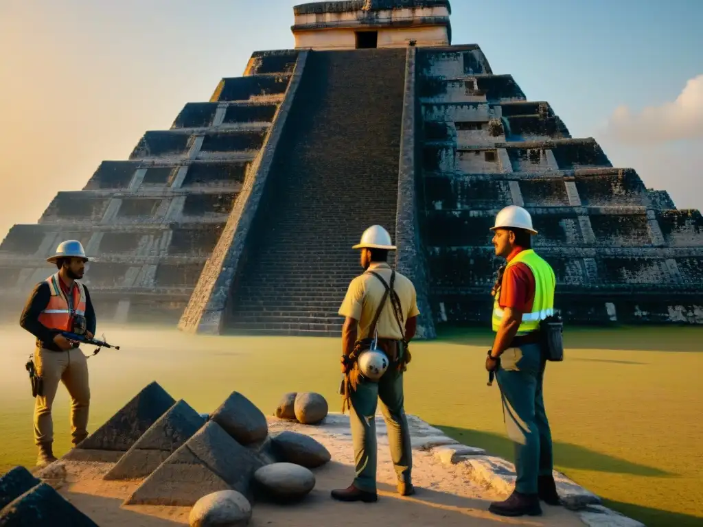 Exploración arqueológica con tecnología térmica en pirámide maya al atardecer Equipo de arqueólogos usando tecnología térmica para detectar anomalías en pirámide maya al atardecer