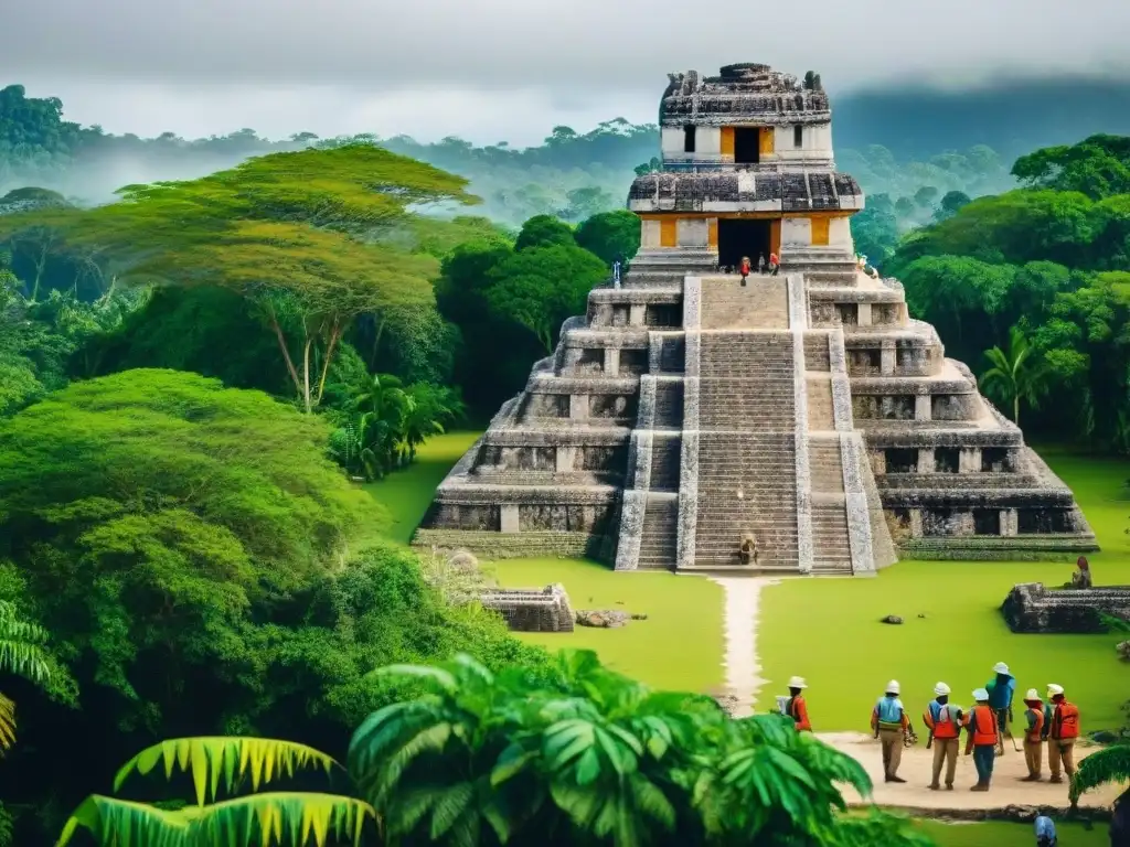 Equipo de arqueólogos restaurando templo maya rodeado de exuberante vegetación y ruinas antiguas