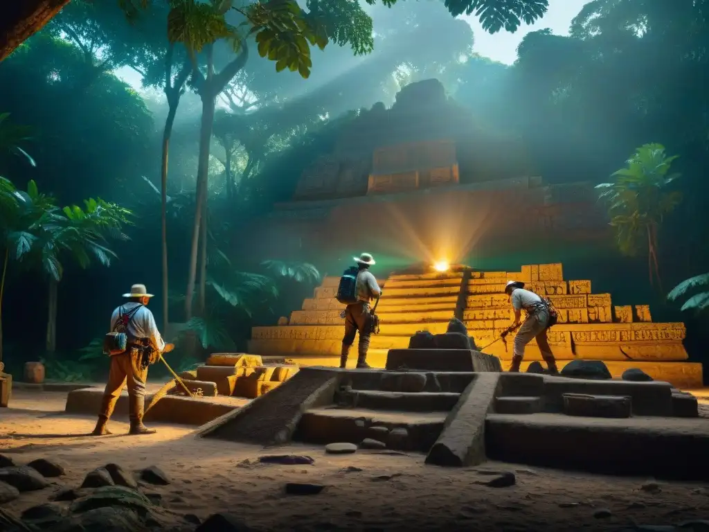 Excavación arqueológica en templo maya al amanecer Equipo de arqueólogos excavando un templo maya, revelando jeroglíficos al amanecer en la selva