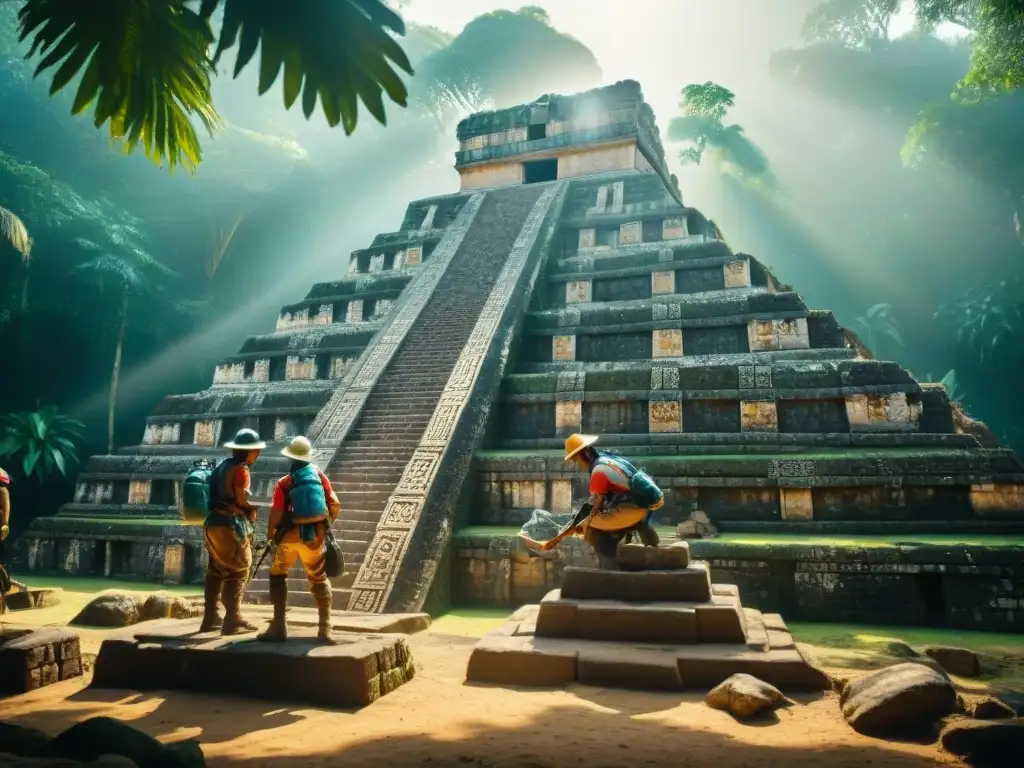 Equipo de arqueólogos excavando templo maya, rescatando artefactos antiguos en la selva