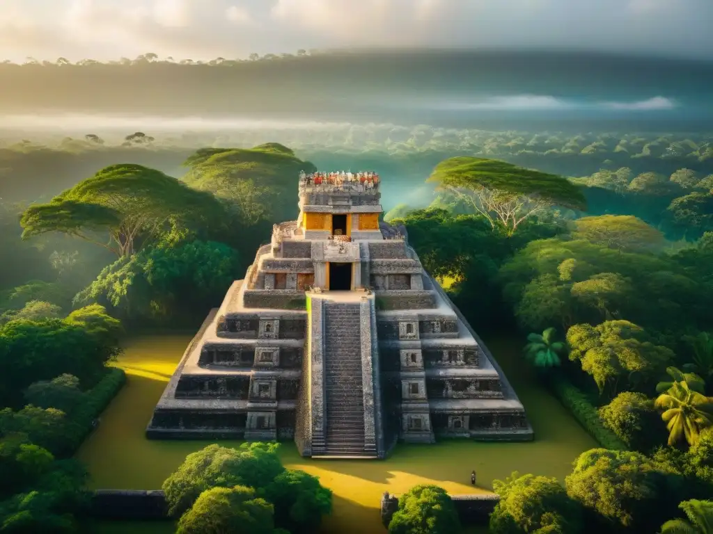 Equipo de arqueólogos descubriendo templo maya entre la exuberante jungla al amanecer