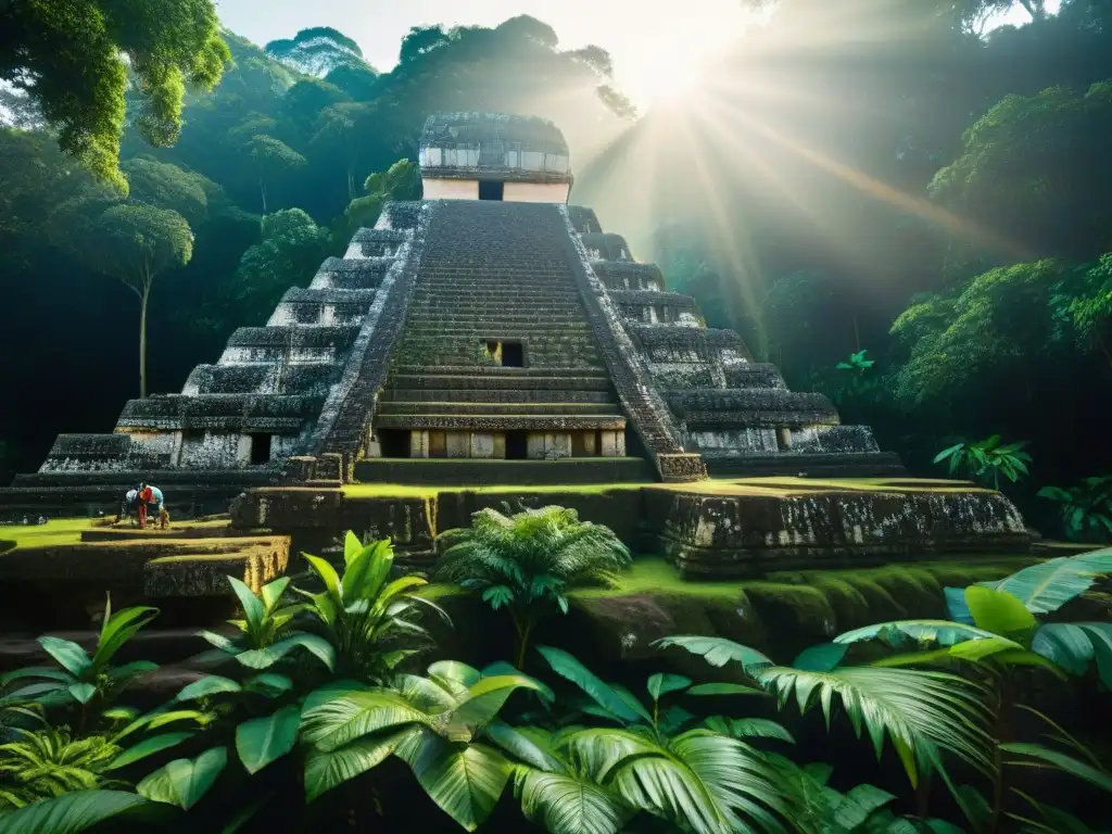 Equipo de arqueólogos excavando templo maya en la jungla, desvelando hallazgos que sugieren teorías sobre el declive de la civilización