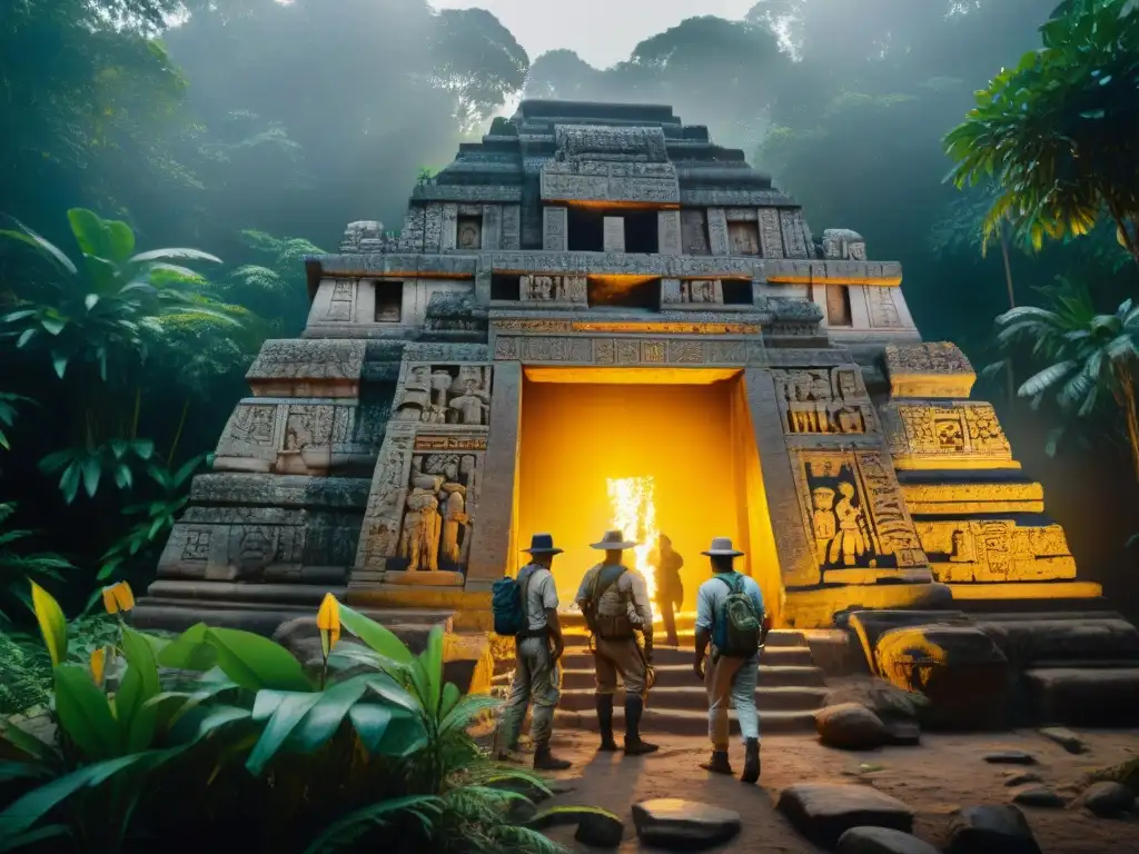 Descubrimiento arqueológico: Templo maya en la jungla Equipo de arqueólogos descubriendo un templo maya en la jungla, en un ambiente de conservación de la herencia maya