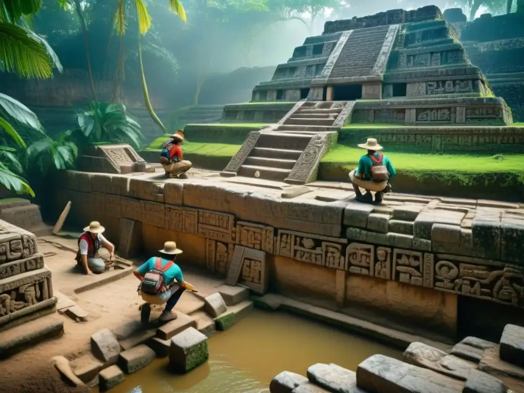 Equipo de arqueólogos excavando templo Maya en la selva