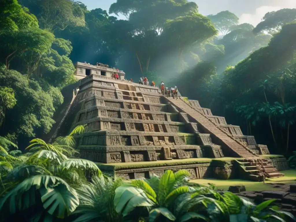 Un equipo de arqueólogos excava un templo maya rodeado de exuberante vegetación