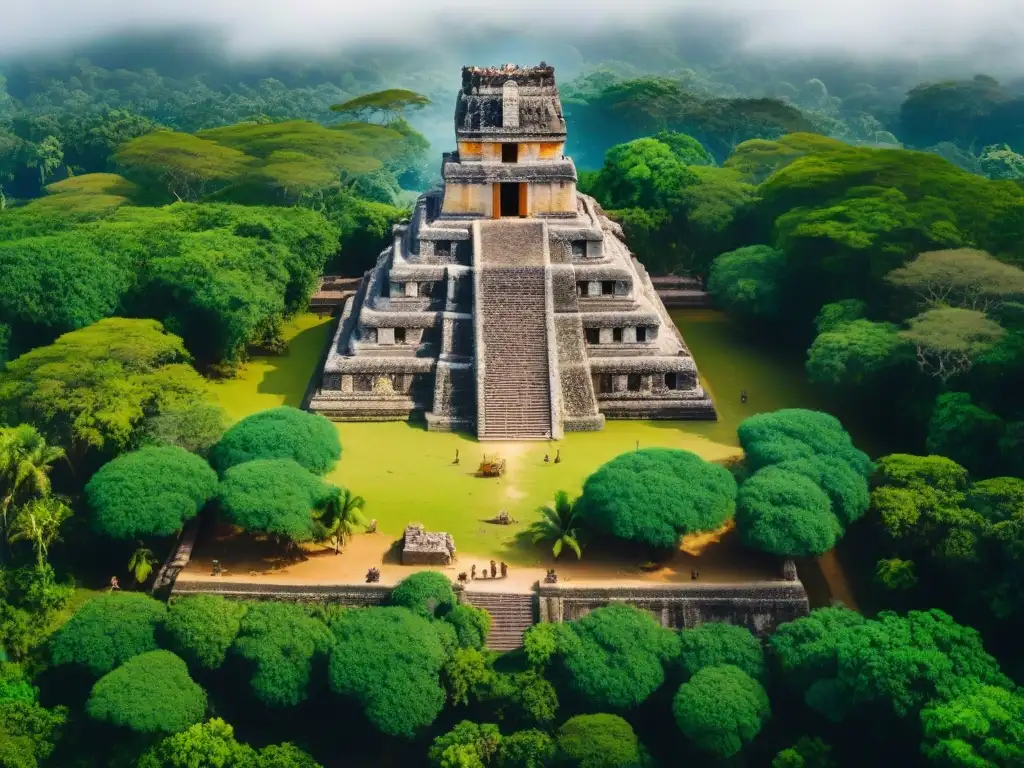 Equipo de arqueólogos excavando un templo maya rodeado de exuberante vegetación