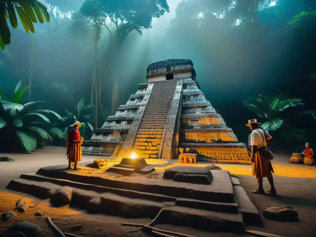 Equipo de arqueólogos excavando un templo maya en la jungla, revelando arte y rituales antiguos para comprender la religión maya