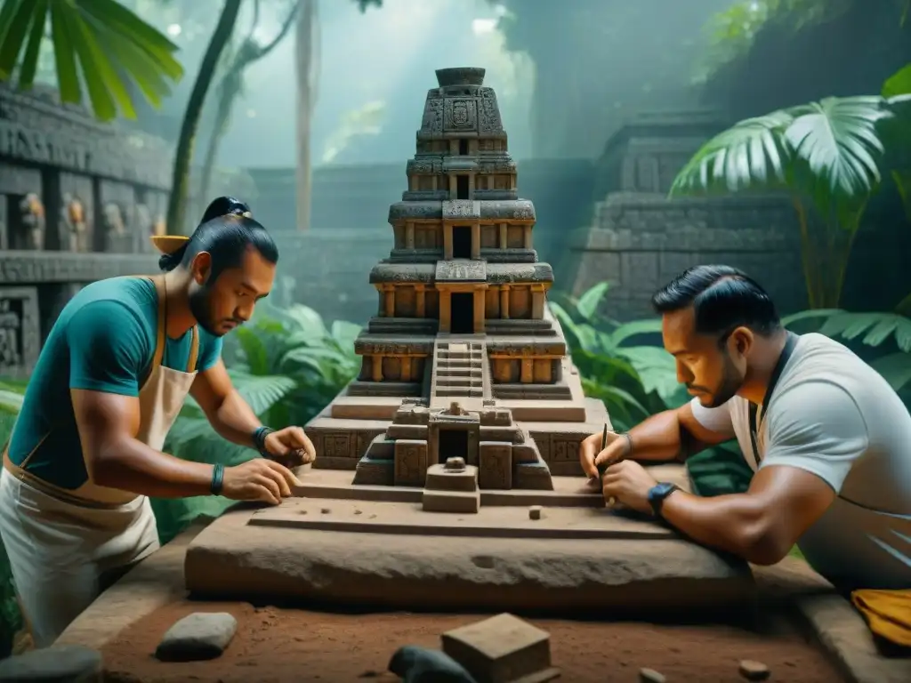 Equipo de arqueólogos reconstruyendo templo maya con software de reconstrucción 3D