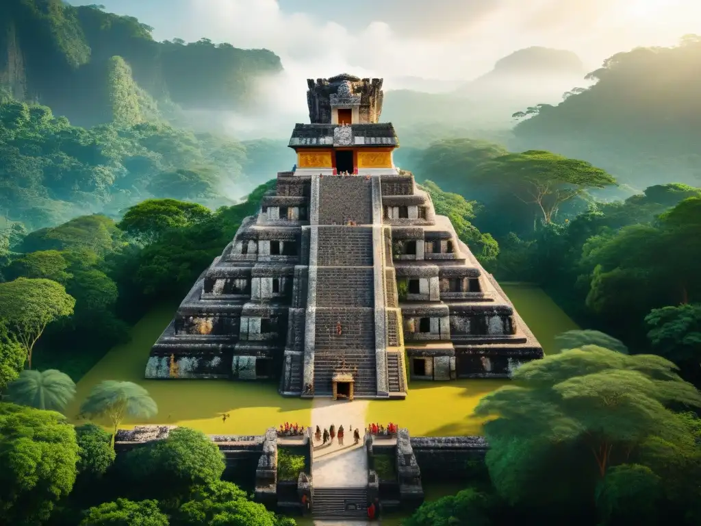 Equipo de arqueólogos reconstruyendo templo maya en la jungla, fusionando herencia con tecnología