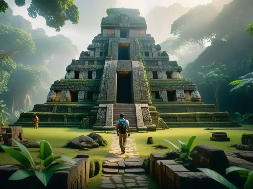 Equipo de arqueólogos reconstruyendo templo maya en la jungla mediante tecnología 3D