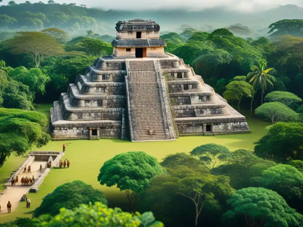 Equipo de arqueólogos excavando un templo maya, combinando métodos tradicionales con tecnología moderna