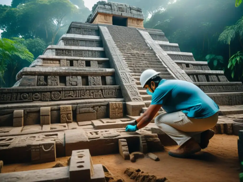 Equipo de arqueólogos preservando templo maya con detalle, rodeados de jungla