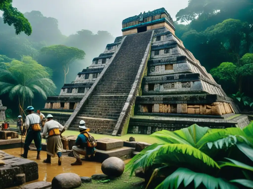 Equipo de arqueólogos excavando templo maya en la jungla, conservando cultura con financiamiento proyectos