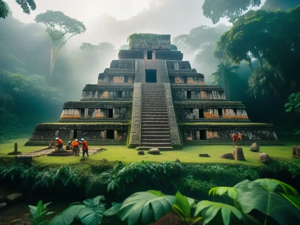 Equipo de arqueólogos descubriendo Templos mayas recientemente en la jungla