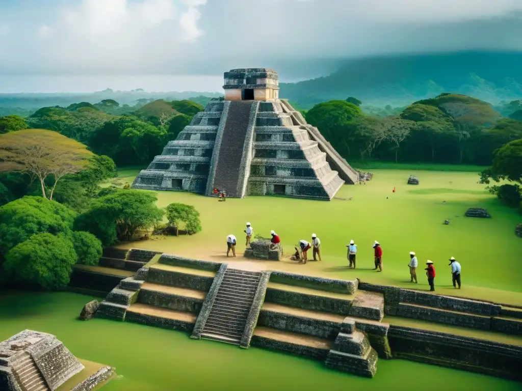 Equipo de arqueólogos descubriendo tesoro sagrado en Altun Ha, Belice, entre la selva misteriosa