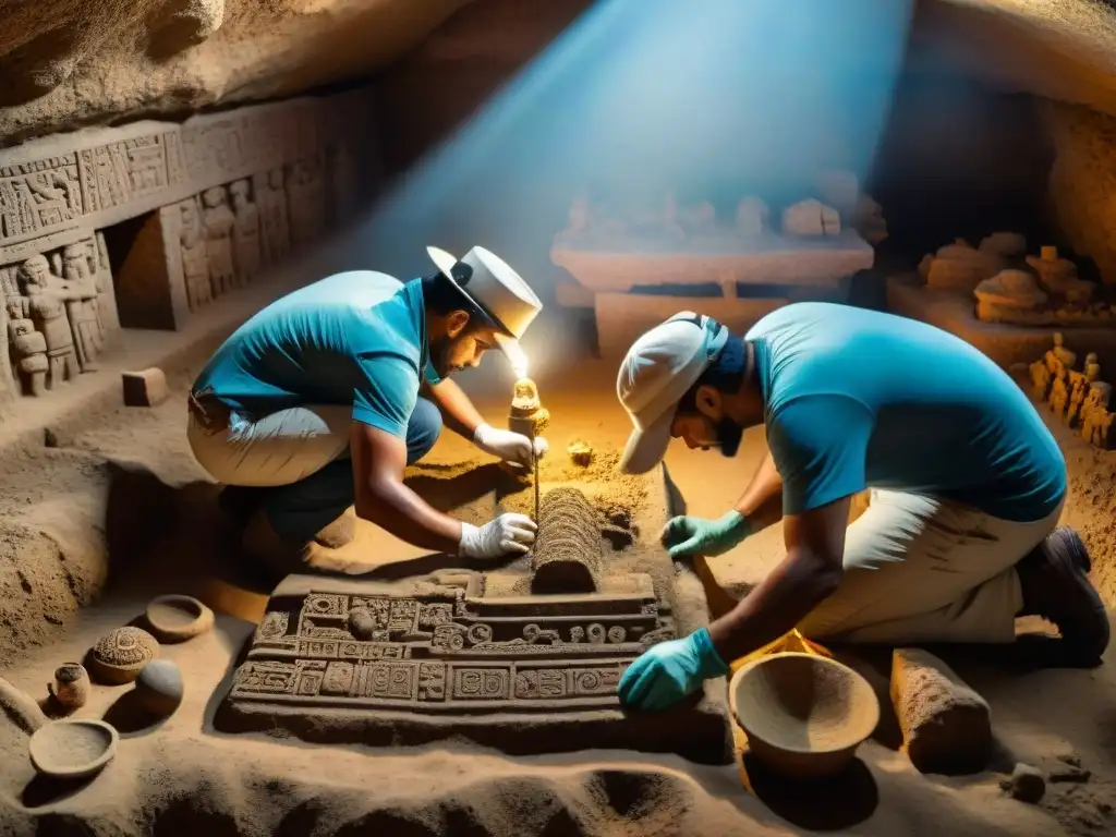 Equipo de arqueólogos descubriendo tesoros en la excavación del palacio maya Kulubá