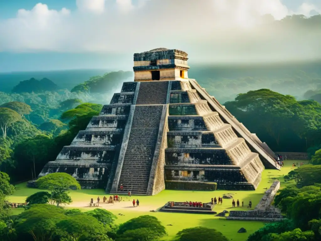 Un equipo de arqueólogos descubriendo tesoros en una pirámide maya, con la selva de fondo