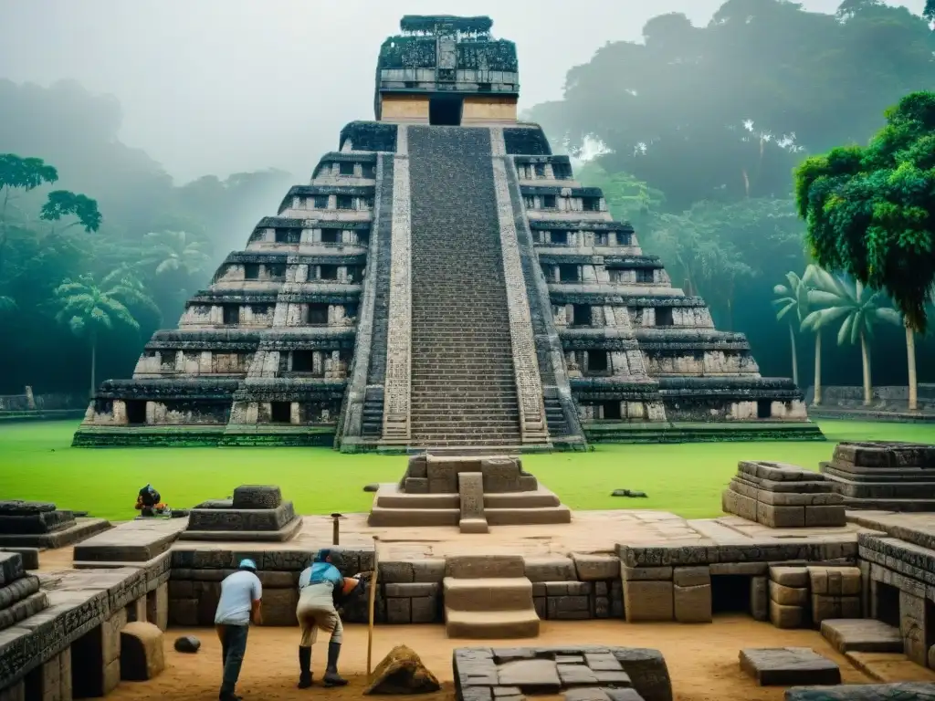 Equipo de arqueólogos descubriendo tesoros en un templo maya, con una atmósfera de misterio y asombro en la selva