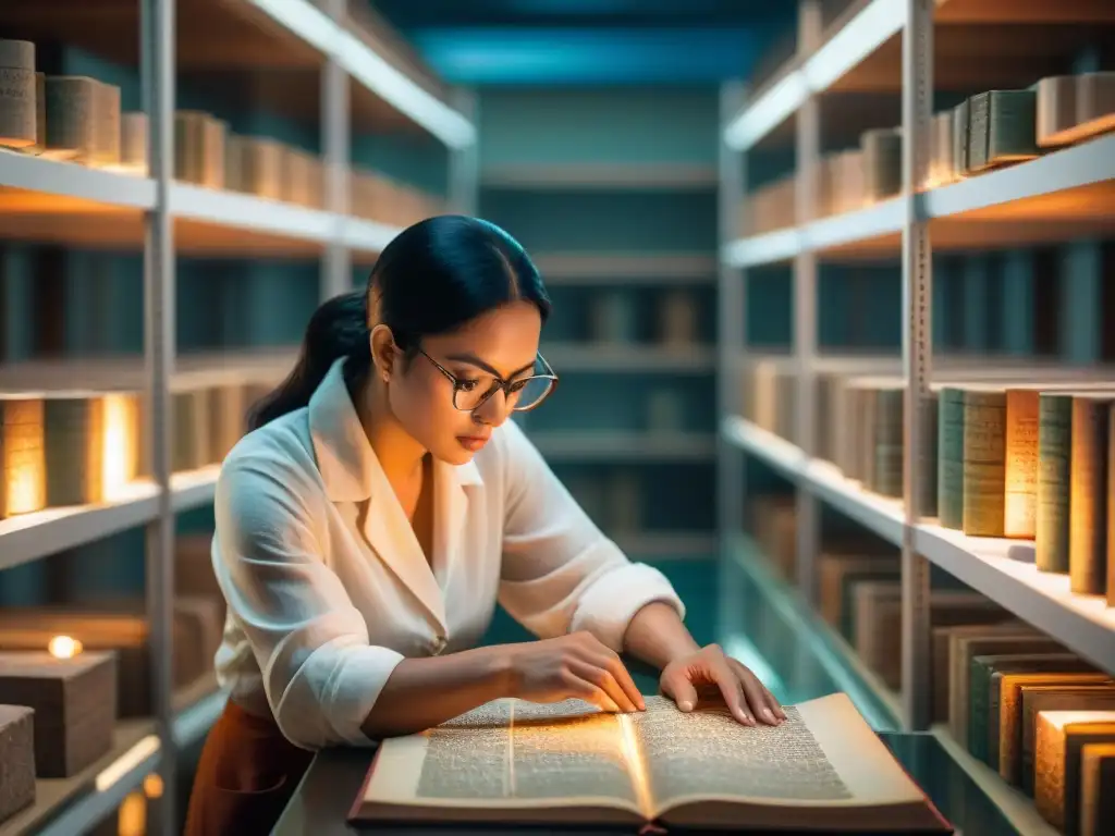 Equipo de arqueólogos examinando textos astronómicos mayas en laboratorio